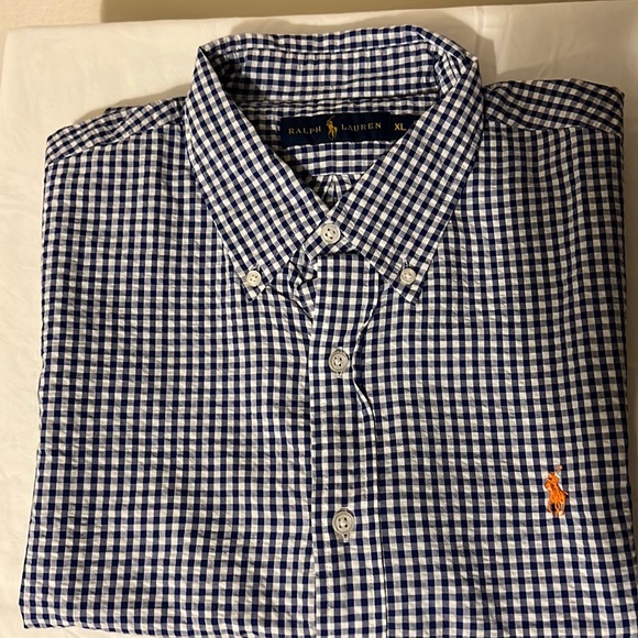 RALPH LAUREN Plaid short sleeve shirt Dark Blue, white, and orange - Picture 1 of 3
